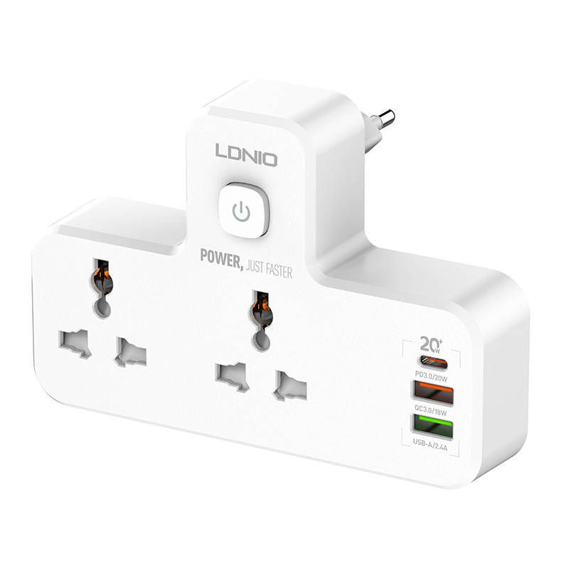 LDNIO SC2311 produžni kabel s 2 AC utičnice, 2USB, USB-C, 2500 W s noćnim svjetlom, EU/US (bijeli)