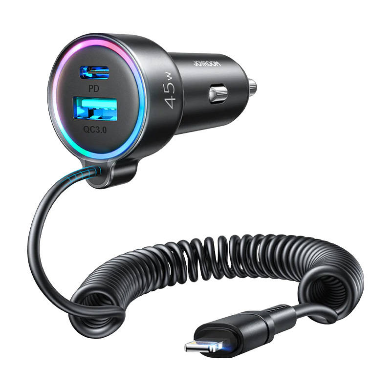 Auto punjač Joyroom JR-CL08, 3-u-1, 1x USB + 1x PD, 55W + Lightning kabel (crni)