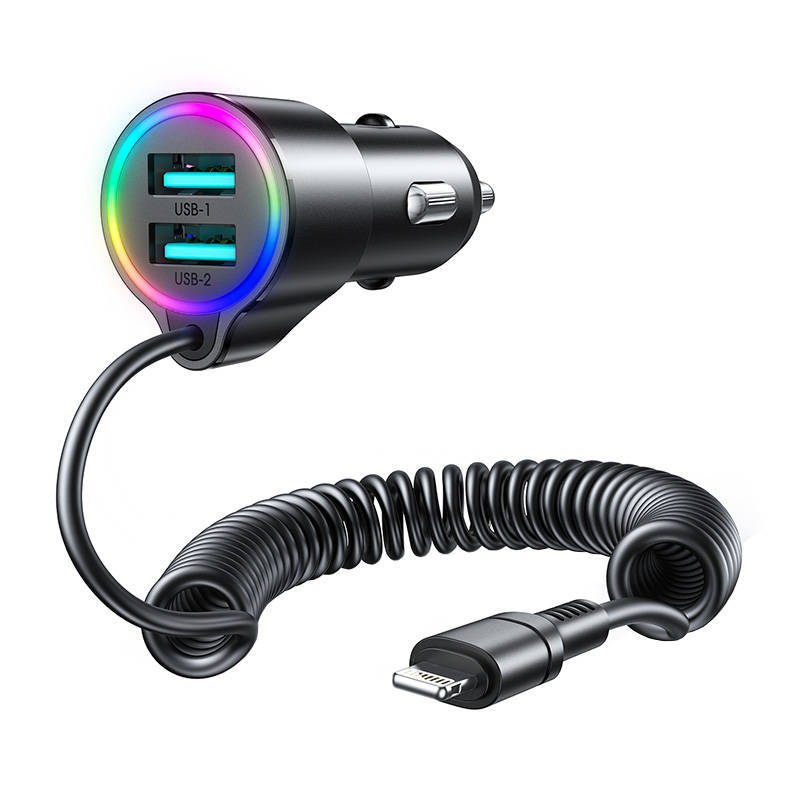 Auto punjač Joyroom JR-CL25, 2x USB + Lightning kabel (crni) (paket od 5 komada)