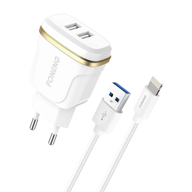 Foneng T240 2x USB zidni punjač, ​​2.4A + USB na Lightning kabel (bijeli)