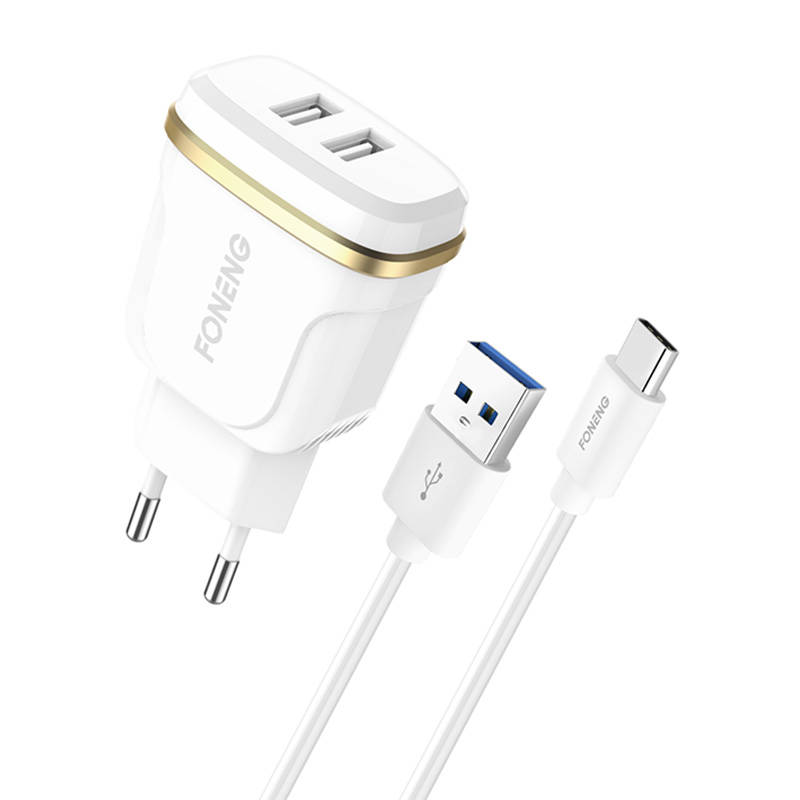 Foneng T240 2x USB zidni punjač, ​​2.4A + USB na USB-C kabel (bijeli)