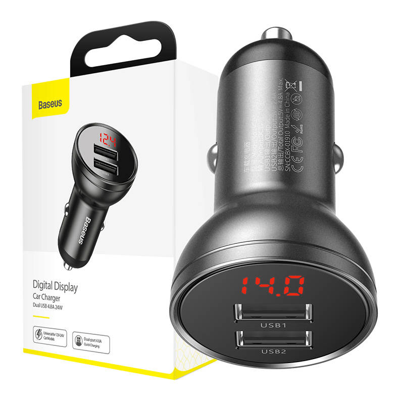 Baseus Digital Display Dual USB 4.8A auto punjač 24W sivi (paket od 5 komada)