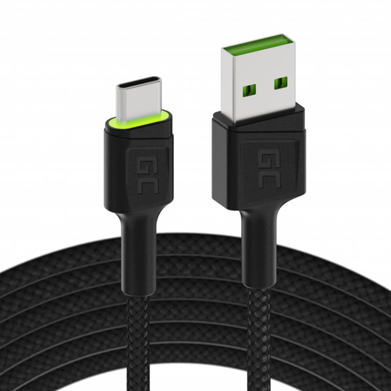 Kabel USB - USB-C Green Cell GC Ray, 120 cm, zeleni LED, s Ultra Charge, QC 3.0