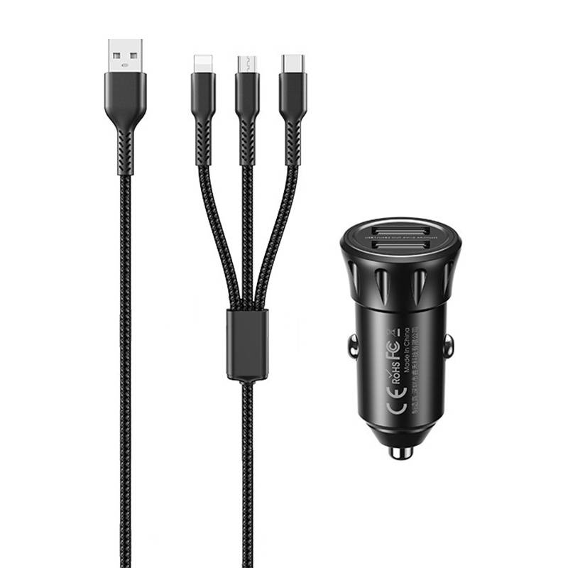 Auto punjač 2x USB, Remax RCC236, 2.4A (crni) + 3u1 kabel