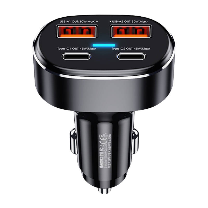 Auto punjač 2x USB, 2x USB-C Remax RCC329, 75W (crni)