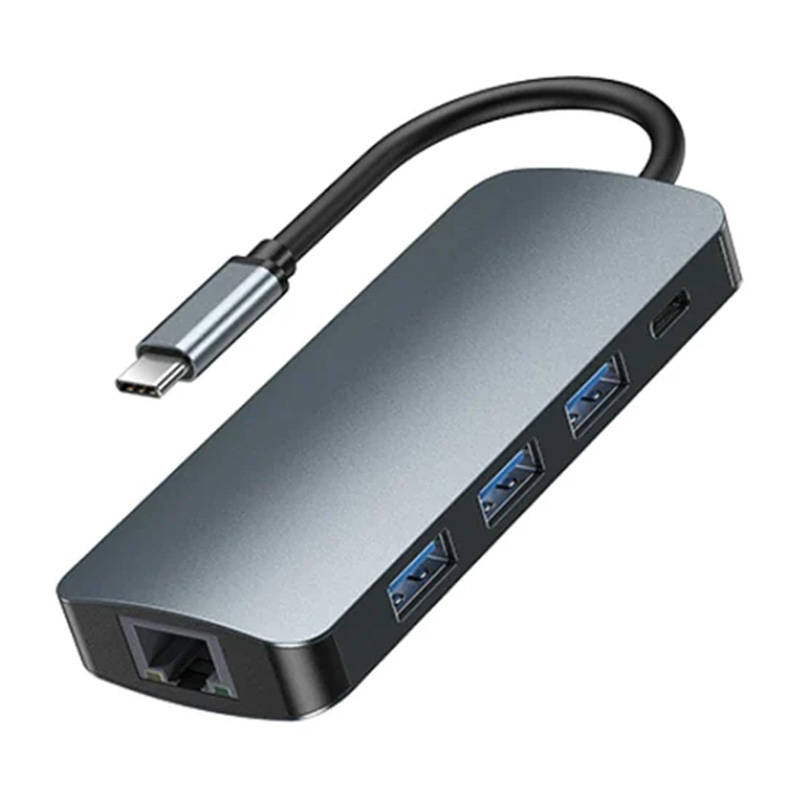 USB-C 9u1 Hub Remax Retor Series 3x USB 3.0, USB-C, RJ45, HDMI, 3.5 mm, SD/TF (sivo)