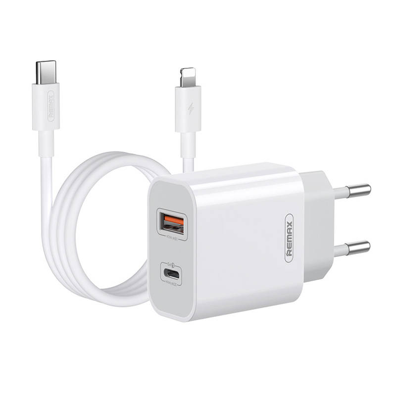 Zidni punjač Remax, RP-U68, USB-C, USB, 20W (bijeli) + Lightning kabel