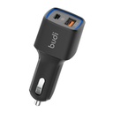 Budi LED auto punjač, ​​USB + USB-C, 18W, PD + QC 3.0 (crni)