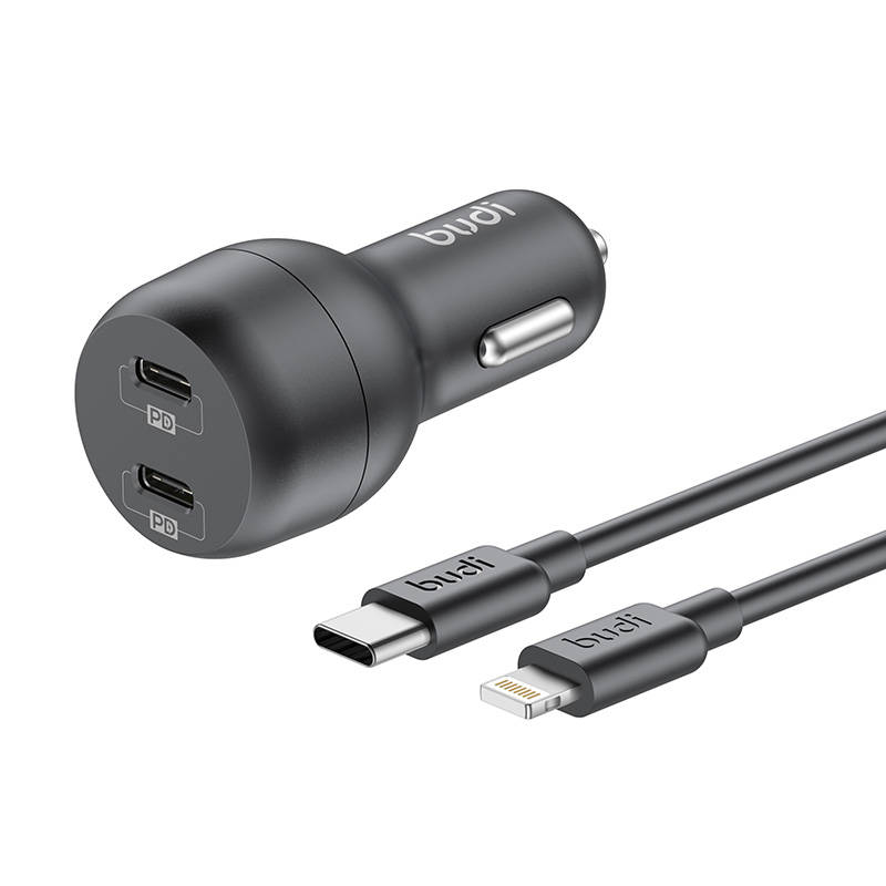 Budi auto punjač, ​​2x USB-C, 40 W, PD + USB-C na Lightning kabel (crni)