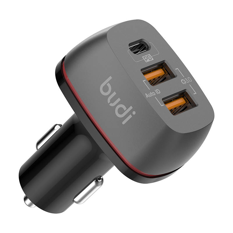 Auto punjač Budi, 2x USB + USB-C, QC + PD (crni)