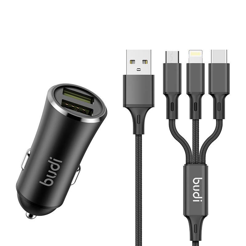 Budi auto punjač, ​​2x USB, 2.4A + 3u1 USB na USB-C / Lightning / Micro USB kabel (crni)