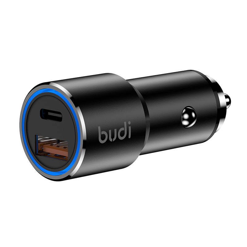 Budi auto punjač, ​​USB + USB-C, 36W (crni)