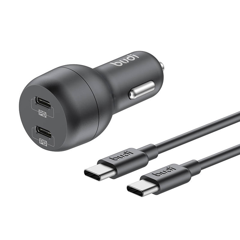 Budi auto punjač, ​​2x USB-C, 40 W, PD + USB-C na USB-C kabel (crni)