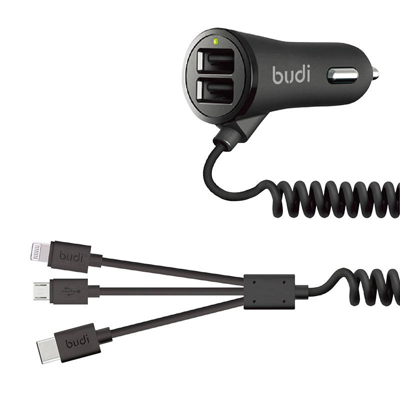 Budi LED auto punjač 2x USB, 3.4A + 3u1 USB na USB-C / Lightning / Micro USB kabel (crni)