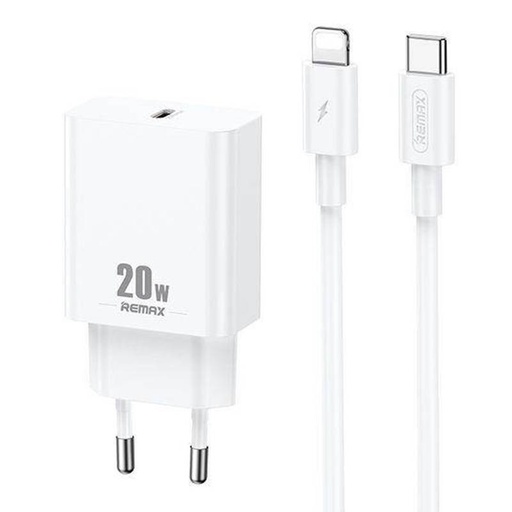 [047774] Zidni punjač Remax, RP-U5, USB-C, 20W (bijeli) + Lightning kabel