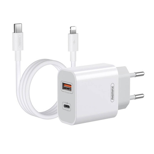 [047777] Zidni punjač Remax, RP-U68, USB-C, USB, 20W (bijeli) + Lightning kabel