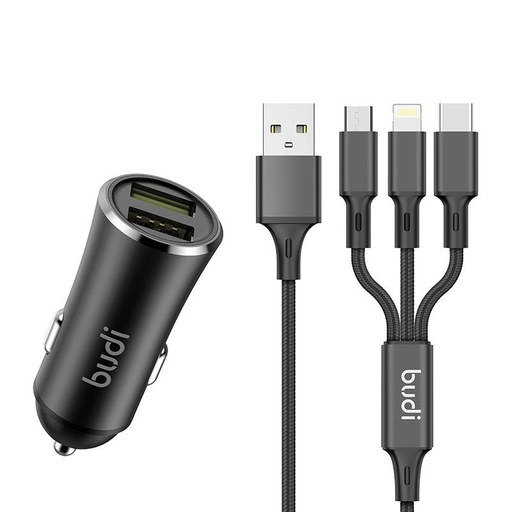 [050608] Budi auto punjač, ​​2x USB, 2.4A + 3u1 USB na USB-C / Lightning / Micro USB kabel (crni)