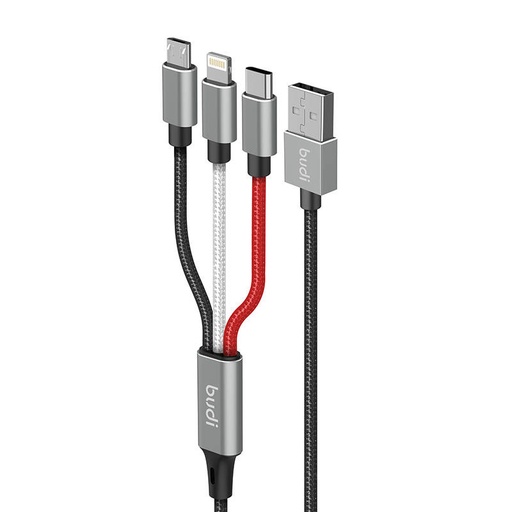 [050579] 3-u-1 USB to Lightning / USB-C / Micro USB kabel Budi 2.4A, 1m, pleten (crni)