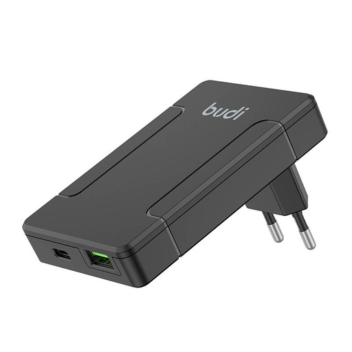 [050623] Budi univerzalni zidni punjač, ​​USB + USB-C, PD 65W + EU/UK/US/AU adapteri (crni)