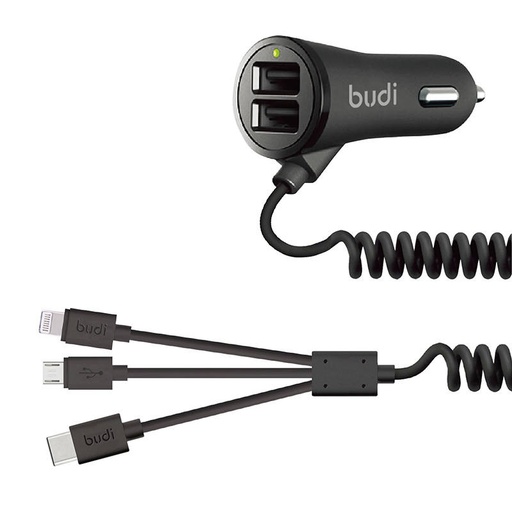 [050582] Budi LED auto punjač 2x USB, 3.4A + 3u1 USB na USB-C / Lightning / Micro USB kabel (crni)