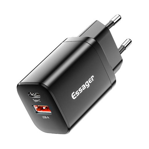 [060134] Zidni punjač USB-C+USB-A 30W Essager PD+QC (crni)