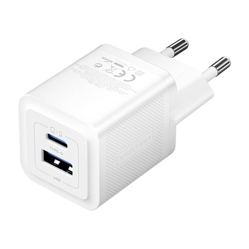 [063907] Zidni punjač, ​​Vention, FEQW0-EU, USB-C + USB-A, 30W/30W, GaN (bijeli)