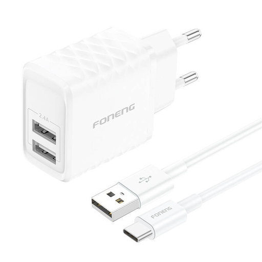 [070056] Foneng EU53 2xUSB-A, 2.4A mrežni punjač (bijeli) + USB-C kabel