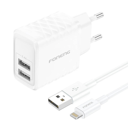 [070057] Foneng EU53 2xUSB-A, 2.4A mrežni punjač (bijeli) + USB-A toLightning kabel