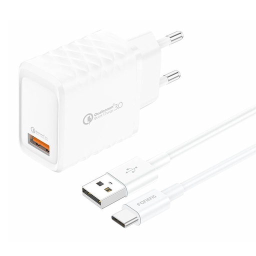 [070059] Foneng EU54 USB-A, 3A mrežni punjač (bijeli) + USB-A na USB-C kabel