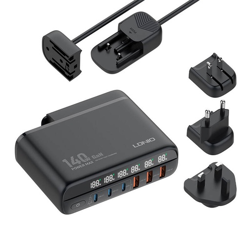 [065441] Punjač sa zaslonom 140 W LDNIO A6140C 3x USB-A + 3x USB-C, US/UK/EU (crni)