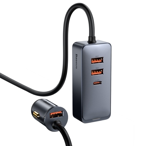 [027461] Auto punjač Baseus Share Together s produžnim kabelom, 3x USB, USB-C, 120W (siv)