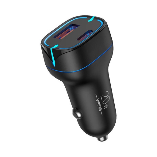 [036905] Auto punjač Vipfan C11, USB + USB-C, PD 20W + QC 3.0, LED (crni)