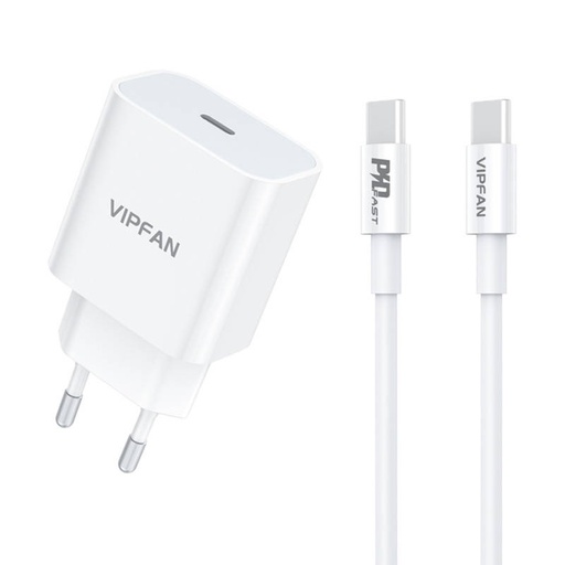 [036881] Zidni punjač Vipfan E04, USB-C, 20W, QC 3.0 + USB-C kabel (bijeli) (paket od 5 komada)