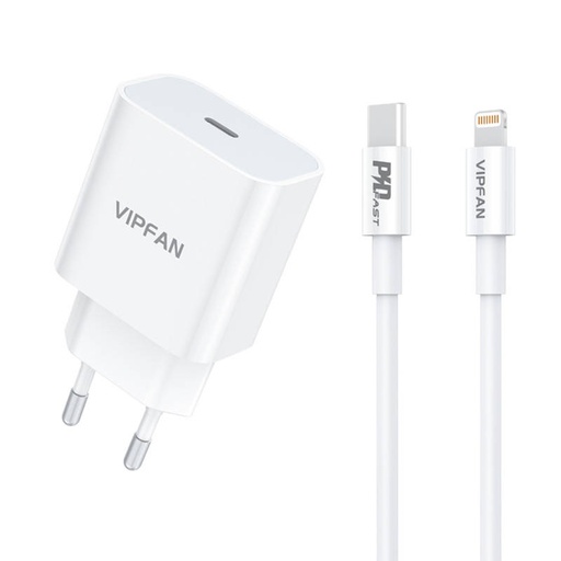 [036880] Zidni punjač Vipfan E04, USB-C, 20W, QC 3.0 + Lightning kabel (bijeli) (paket od 5 komada)