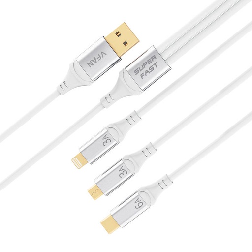 [036776] USB kabel Vipfan X15 3-u-1 USB-C / Lightning / Micro 66W 1.2m, pozlaćen (bijeli)