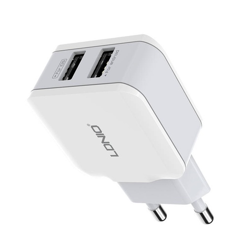 [038550] Zidni punjač LDNIO A2202, 2x USB, 12W (bijeli) (paket od 5 komada)