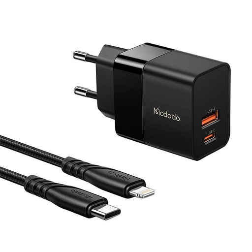 [039515] Zidni punjač Mcdodo CH-1952 USB + USB-C, 20W + USB-C na Lightning kabel (crni)