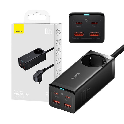 [038288] Baseus GaN3 Pro zidni punjač / Powerstrip 2xUSB + 2xUSB-C + AC, 100W (crni)