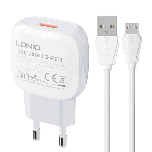 [042554] Zidni punjač LDNIO A1306Q 18W + MicroUSB kabel