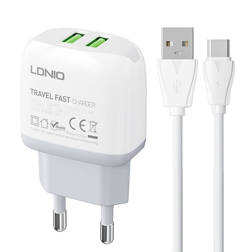 [042577] Zidni punjač LDNIO A2219 2USB + USB-C kabel