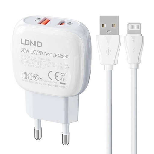 [042578] Zidni punjač LDNIO A2313C USB, USB-C 20W + USB na Lightning kabel