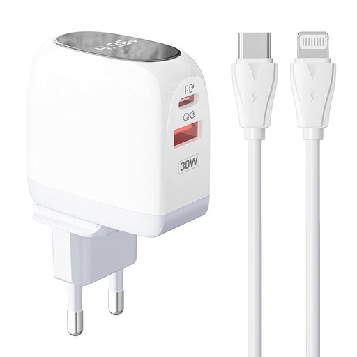 [042744] Zidni punjač LDNIO A2522C USB, USB-C 30W + USB-C - Lightning kabel