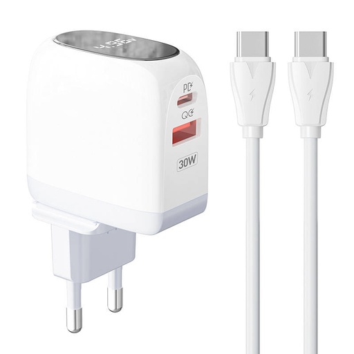 [042745] Zidni punjač LDNIO A2522C USB, USB-C 30W + USB-C - USB-C kabel