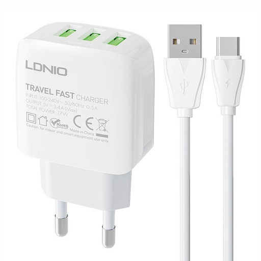 [042755] Zidni punjač LDNIO A3312 3USB + USB-C kabel