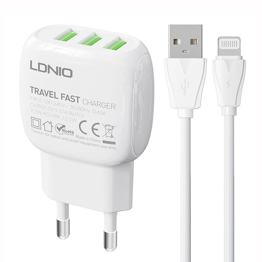 [042756] Zidni punjač LDNIO A3315 3USB + Lightning kabel