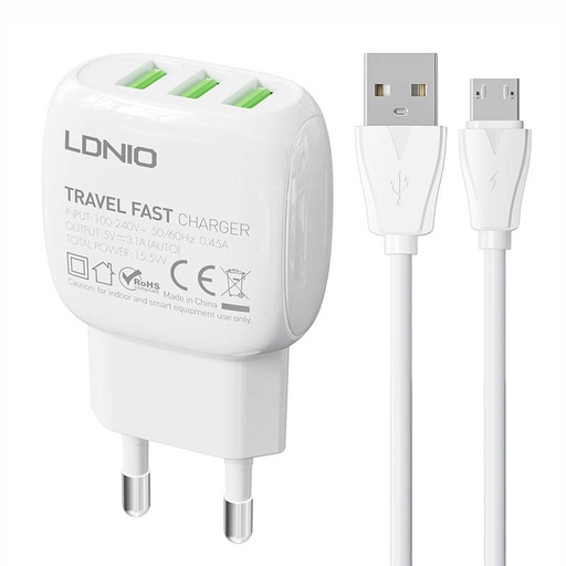 [042757] Zidni punjač LDNIO A3315 3USB + MicroUSB kabel