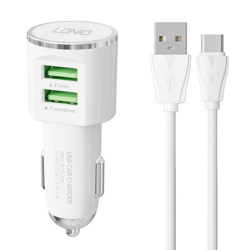 [042831] LDNIO DL-C29 auto punjač, ​​2x USB, 3.4A + USB-C kabel (bijeli)