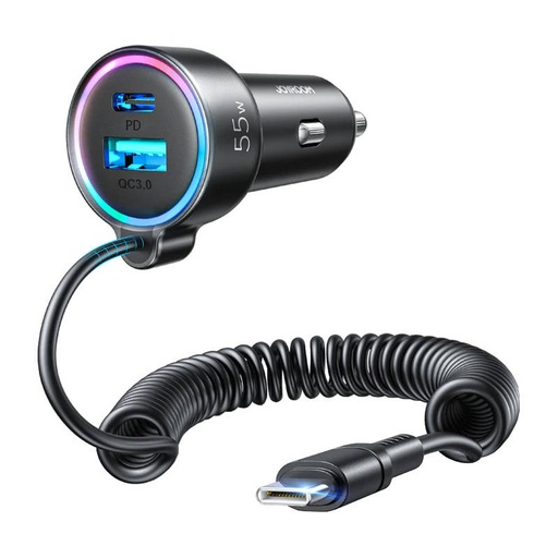 [044855] Auto punjač Joyroom JR-CL07, 3-u-1, 1x USB + 1x PD, 55W + Type-C kabel (crni)