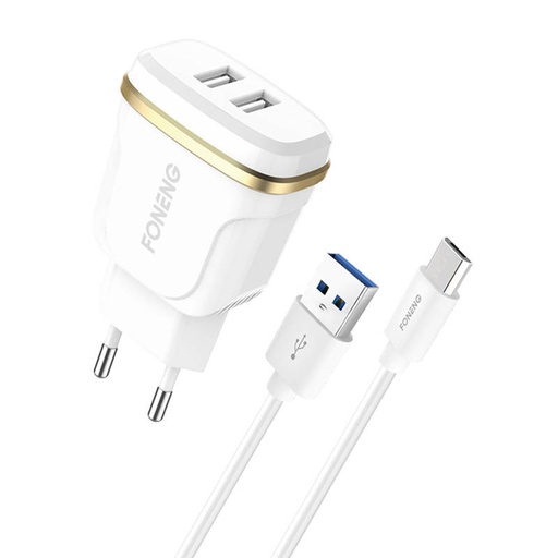 [045609] Foneng T240 2x USB zidni punjač, ​​2.4A + USB na Micro USB kabel (bijeli)