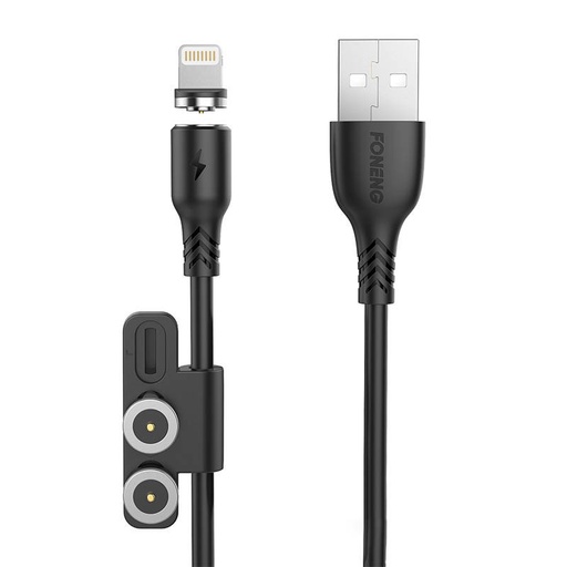 [045529] Foneng X62 magnetski 3u1 USB na USB-C / Lightning / mikro USB kabel, 2,4 A, 1 m (crni)